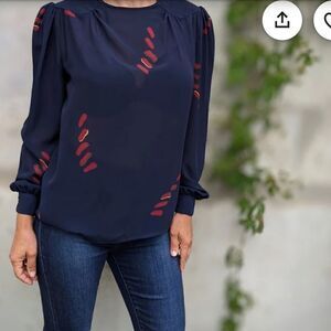 Christian Dior Vintage 90's Sheer Blouse Navy Blue Red Print